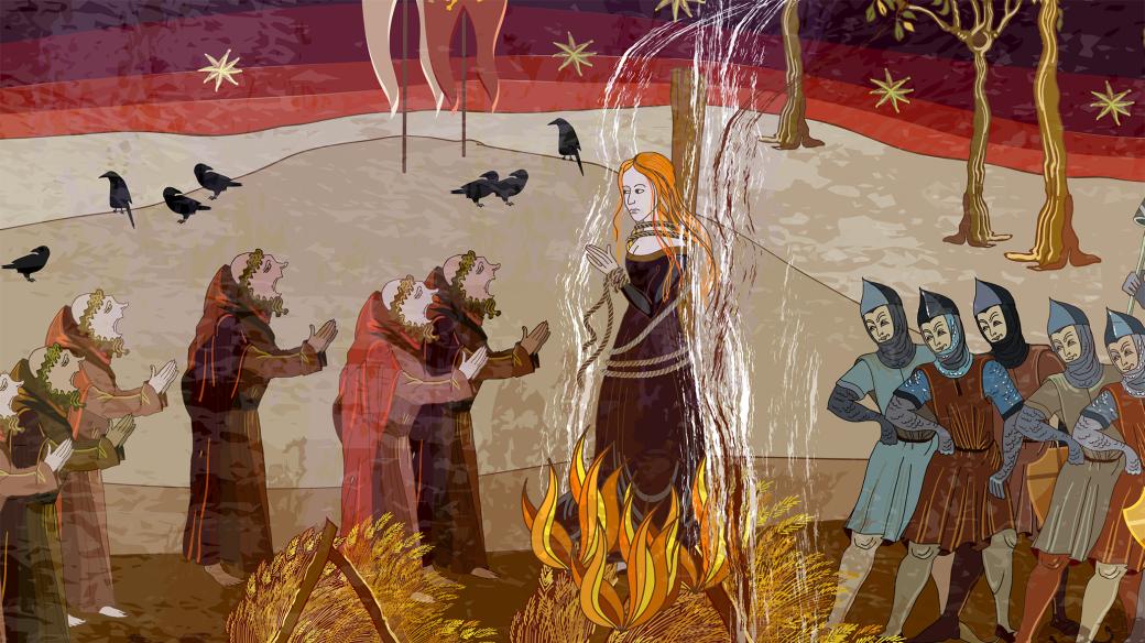 Středověké vyobrazení upalování čarodějnice