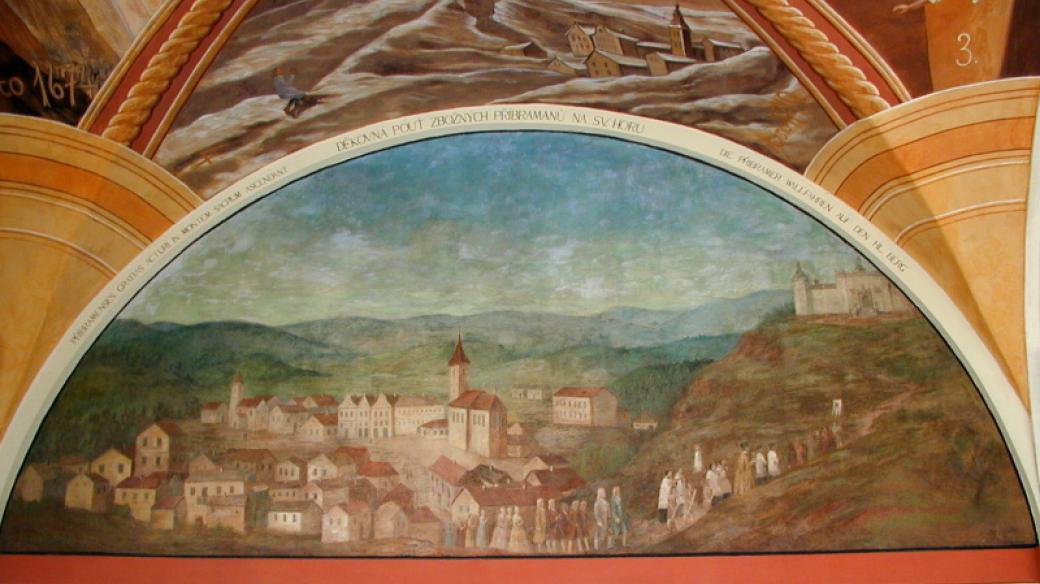 Děkovná pouť zbožných Příbramanů na sv. Horu. Lunetový obraz v ambitu Svaté Hory