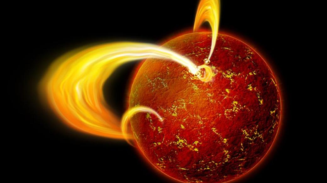 Ilustrační obrázek magnetaru ukazuje popraskaný povrch neutronové hvězdy a plazmu pohybující se podél magnetických siločar