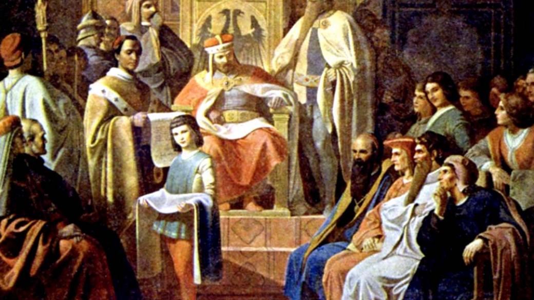 Založení Pražské university roku 1348. Arcibiskup Arnošt z Pardubic předčítá zakládací listinu. 