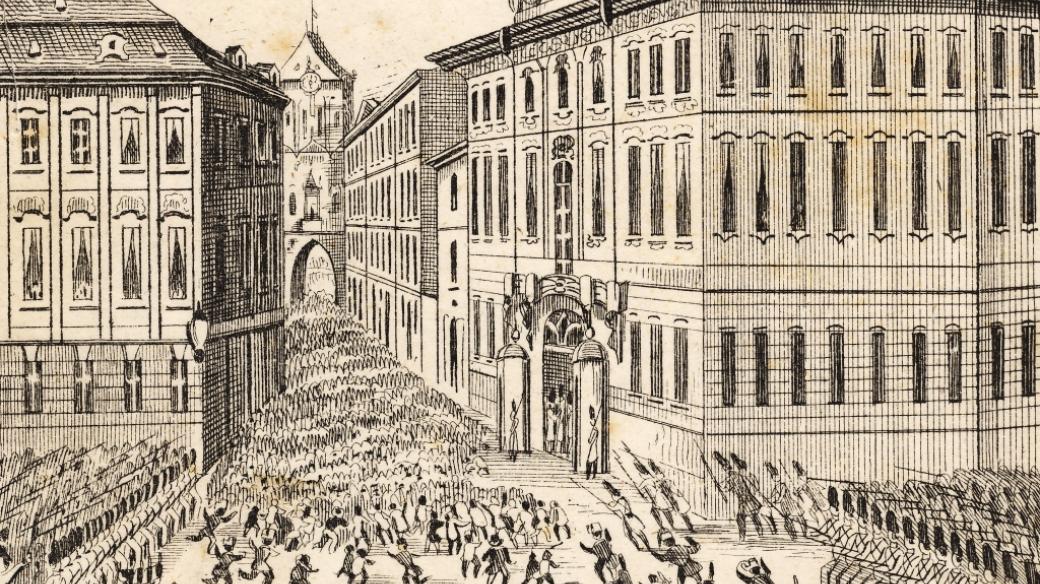 Pražské pouliční boje v červnu 1848. Dobová rytina.