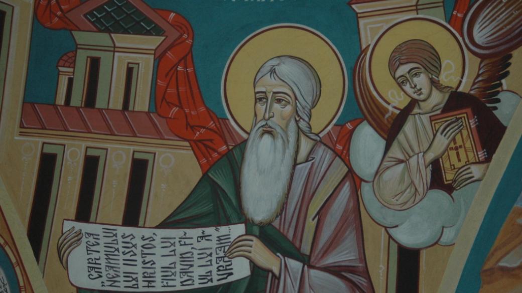Evangelista Matouš. Freska z jeskynního kostela kláštera Peştera v Rumunsku