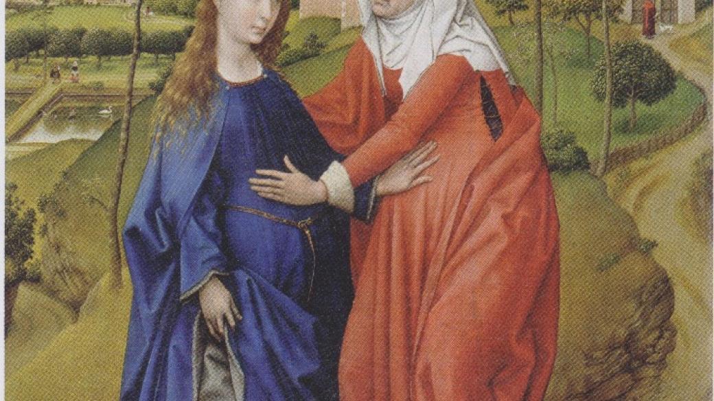 Setkání těhotné Panny Marie s rovněž těhotnou příbuznou Alžbětou, budoucí matkou Jana Křtitele. Rogier van der Weyden (mezi 1435 - 1440)