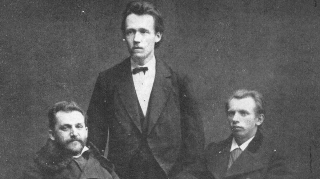 Josef Václav Sládek s přáteli v roce 1878 (vlevo Julius Zeyer, vpravo Jaroslav Vrchlický)
