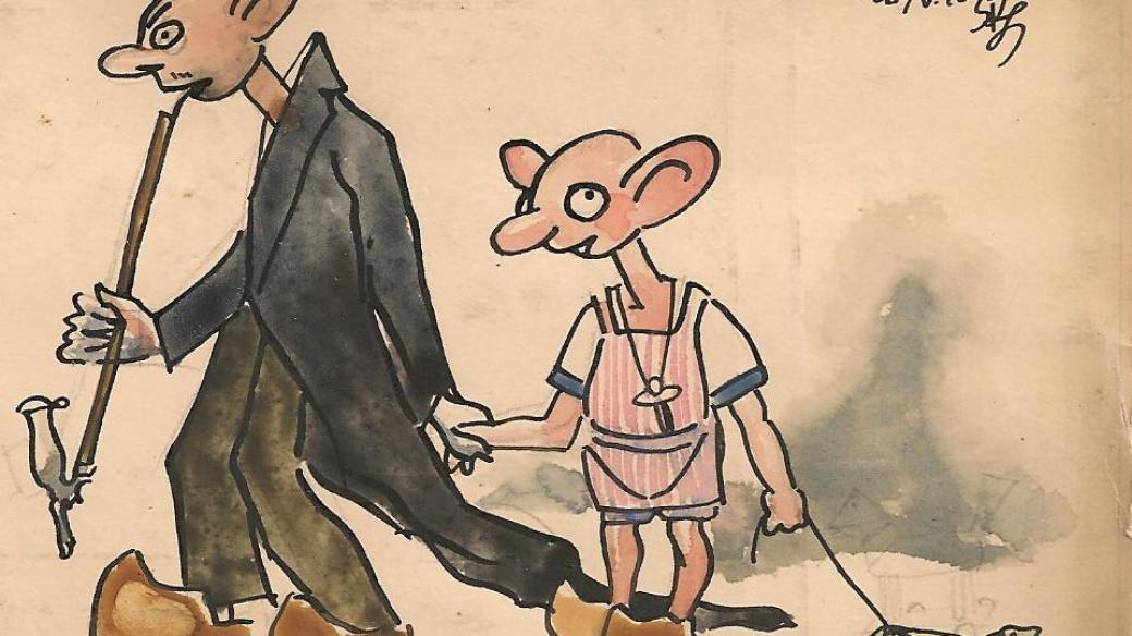 Kresba Josefa Skupy z 28. 5. 1926 - jedna z prvních kreseb Hurvínka a Spejbla