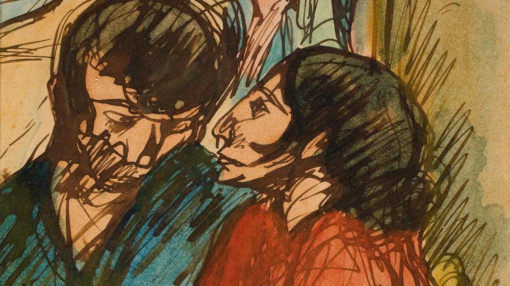 Isidre Nonell: Cikánská dvojice (kresba, 195 x 160 mm, 1904 - výřez)