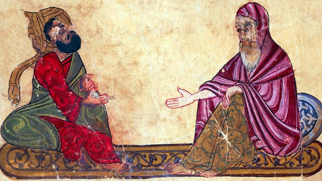 Dva arabští filozofové debatují na obraze ze 13. století.