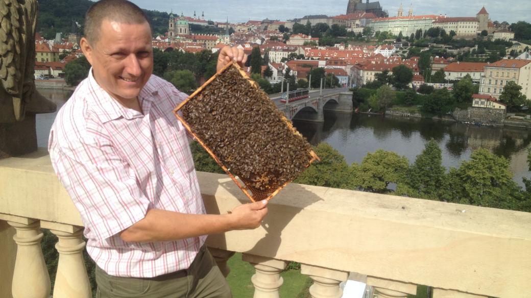 Včelař Augustin Uváčik na střeše Rudolfina