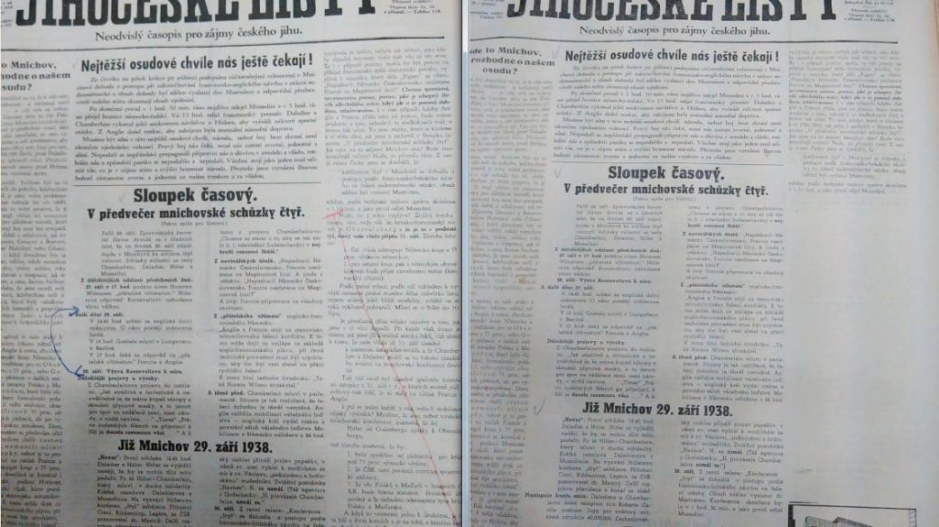 Původní a cenzurované vydání Jihočeských listů ze září 1938. Obě verze se dochovaly ve Státním okresním archivu v Českých Budějovicích