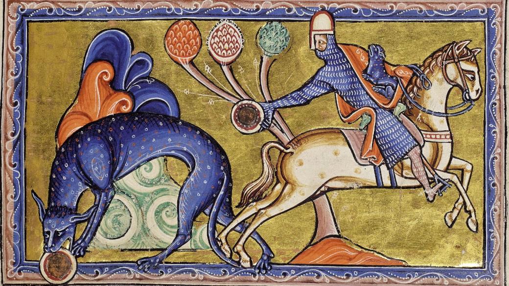 Rytíř a tygr. Vyobrazení z Aberdeenského bestiáře (12. století)