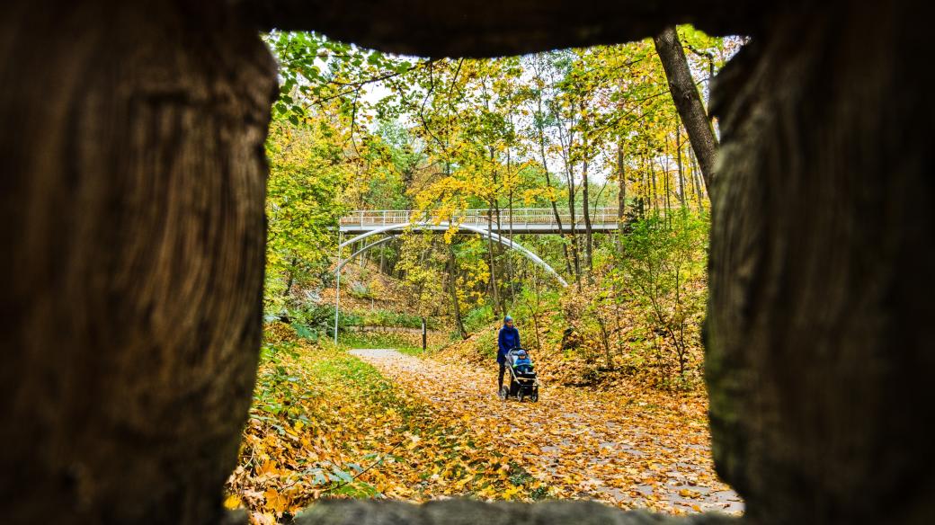 Lesopark Čertova rokle, Brno-Lesná, mostek, lávka, podzim
