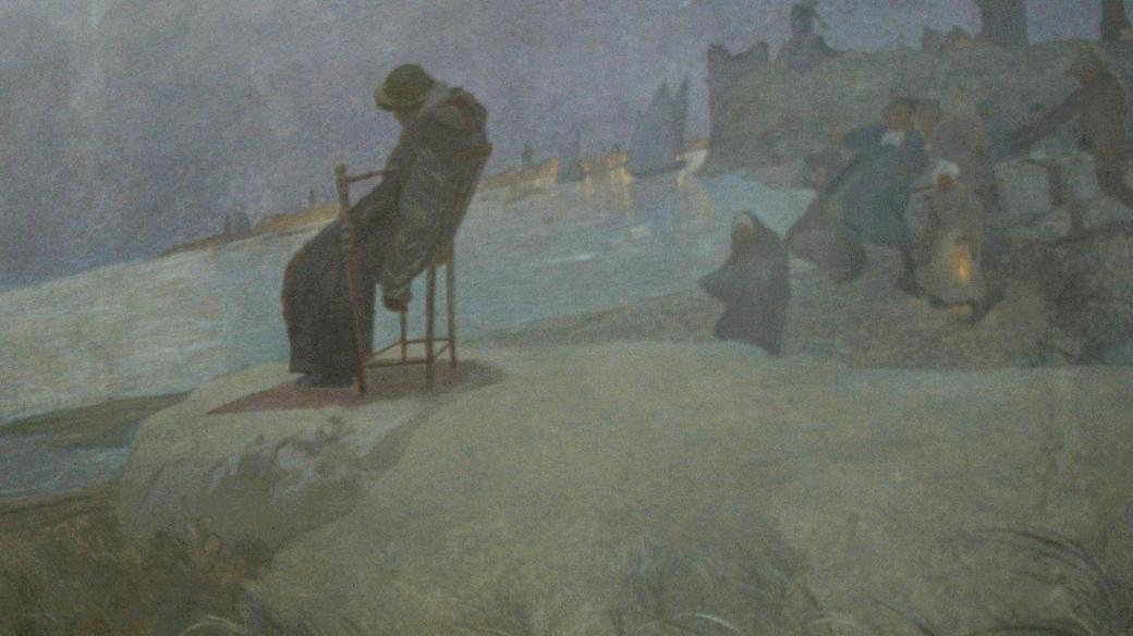 Detail obrazu Plamínek naděje z cyklu Slovanská epopej: Jan Amos Komenský sedí zhroucený v křesle na břehu moře v nizozemském Naardenu