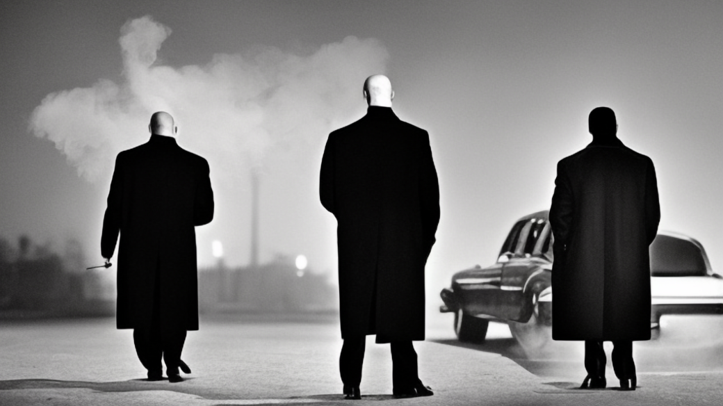 Obrázek vytvořený neuronovou sítí Stable Diffusion na základě zadání „three gangsters coming to city, smoking cigarettes, next to a limo, at night, dark scene, black and white“