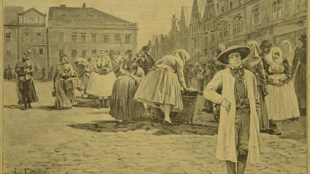 Trhy v Plzni byly událostí, která město vyvedla z poklidného rytmu. Reprodukce obrazu Adolfa Liebschera Trh na náměstí v Plzni, 1897