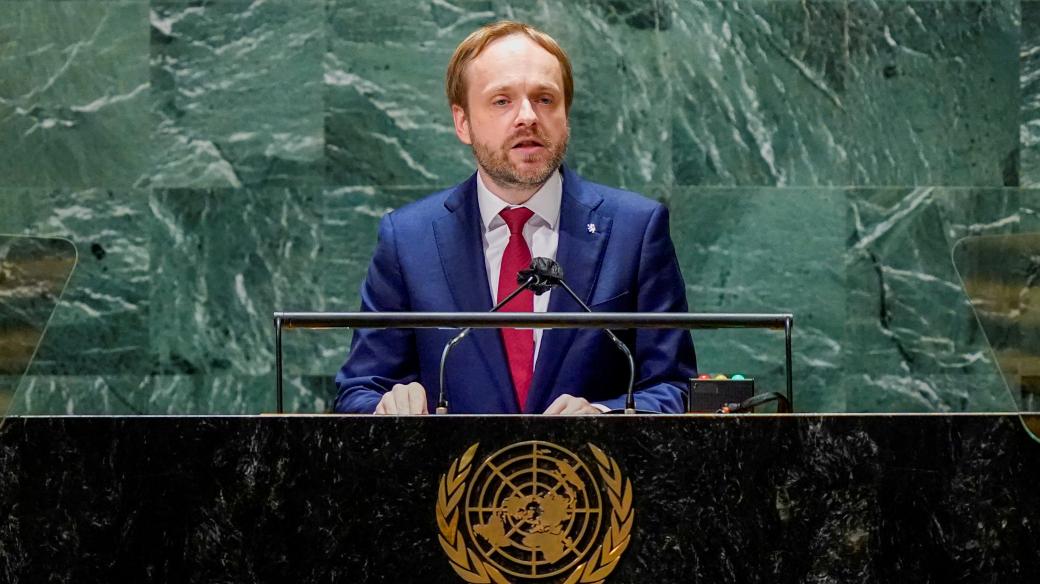 Český ministr zahraničí Jakub Kulhánek při projevu na 76. zasedání Valného shromáždění OSN