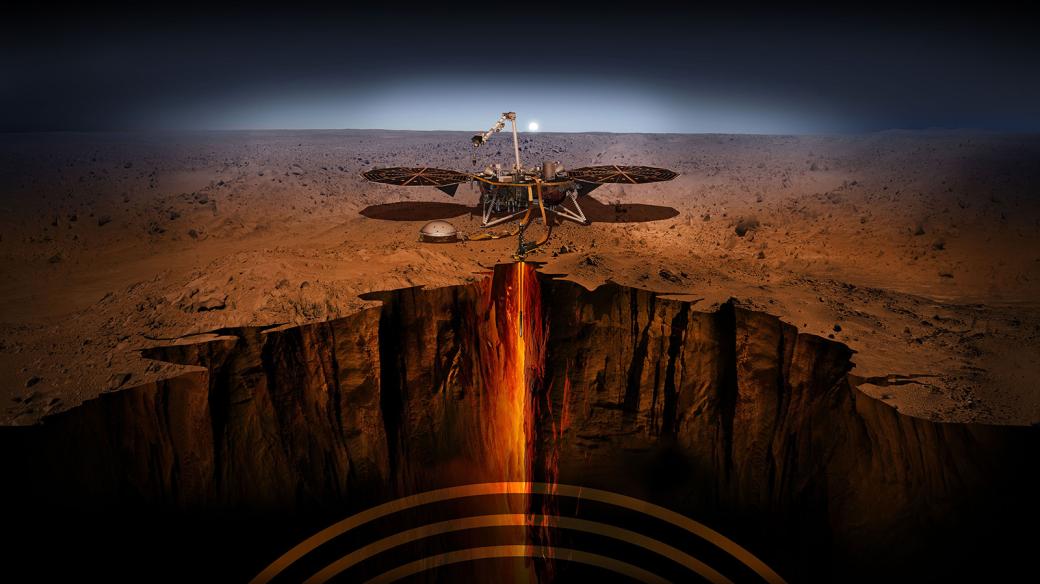 Vizualizace sondy InSight na Marsu. Sonda má zkoumat nitro Marsu, včetně jádra planety.