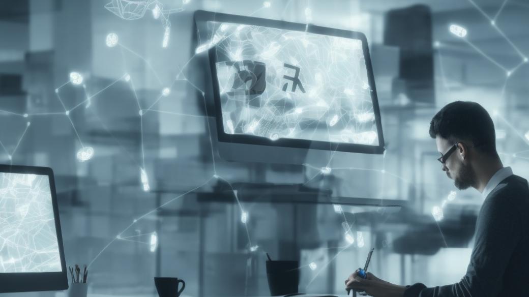 Obrázek vytvořený neuronovou sítí Stable Diffusion na základě zadání "Man writing on computer in the office, AI, robotic, matte painting, HQ, 4k“