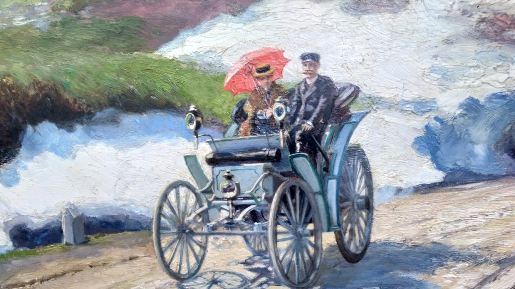Theodor Liebieg a jeho snoubenka na voze Benz Victoria - reprodukce