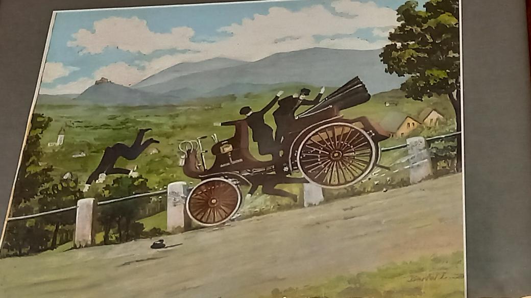 Vyobrazení první tragické nehody kopřivnického automobilu, ke které došlo 1. května 1900