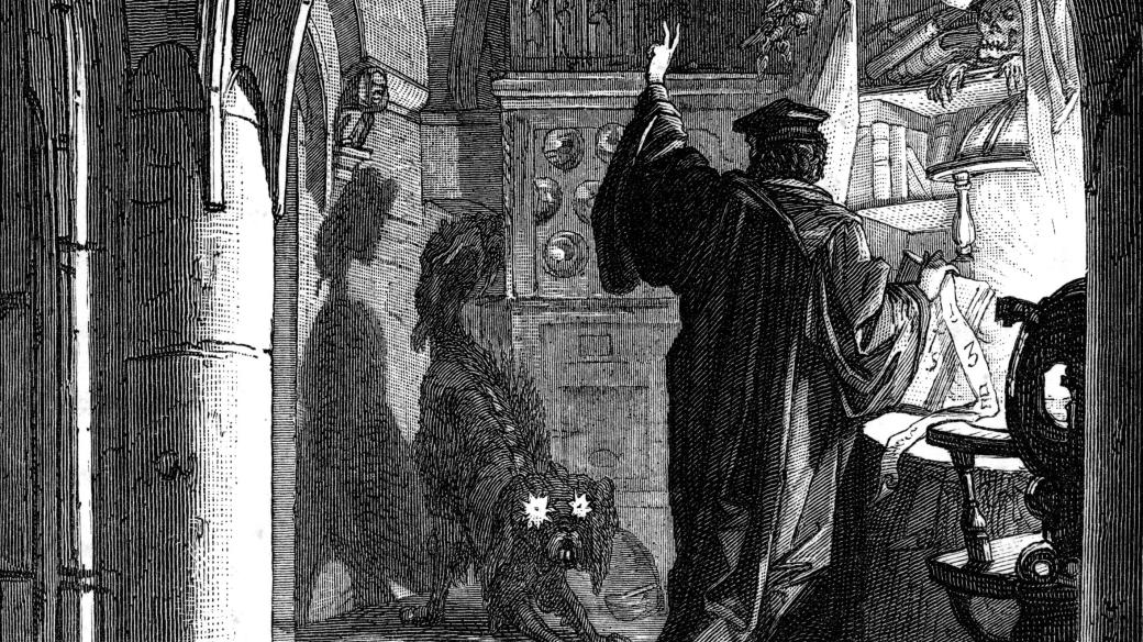 Faust s černým psem, který se promění v ďábla Mefistofela