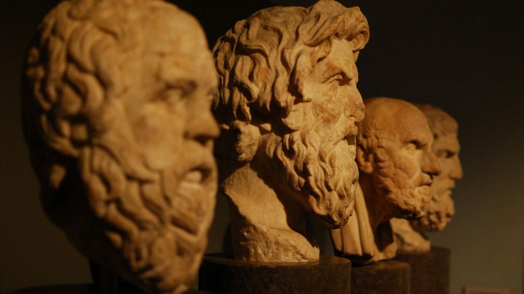 Busty řeckých filozofů - Sókratés, Antisthenés, Chrýsippos, Epikúros