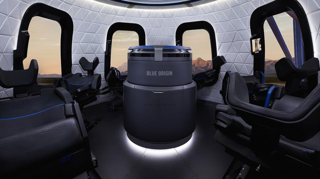 Interiér rakety New Shepard od společnosti Blue Origin Jeffa Bezose