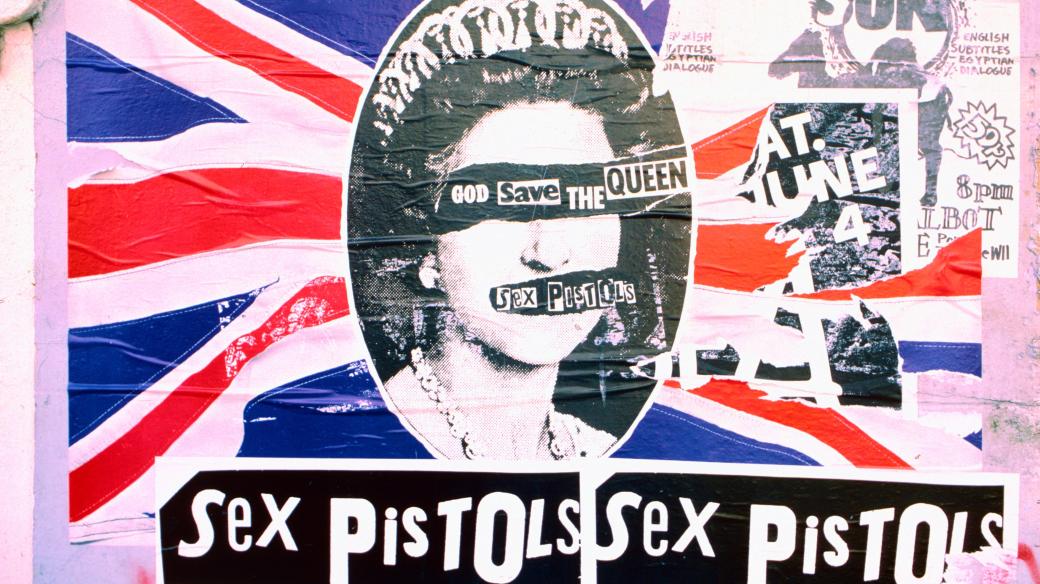 Plakát k singlu Sex Pistols God Save the Queen (Londýn, 1977)