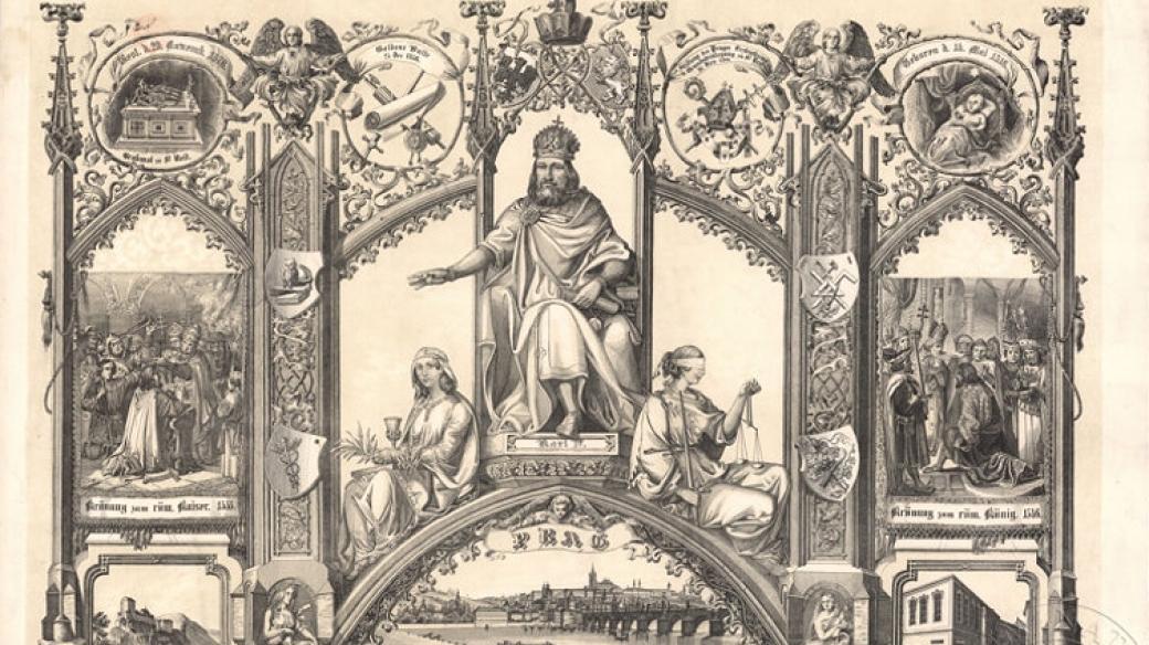 Pamětní list k 500. výročí založení Karlovy univerzity s postavou Karla IV.