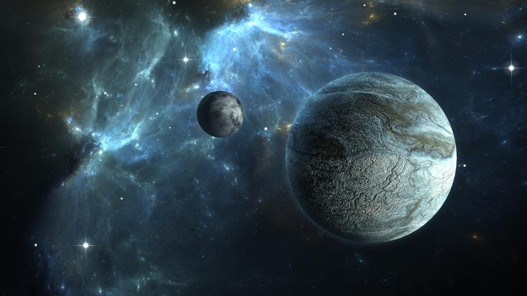 Takhle nějak by mohla vpadat exoplaneta a její měsíc (3D ilustrace)