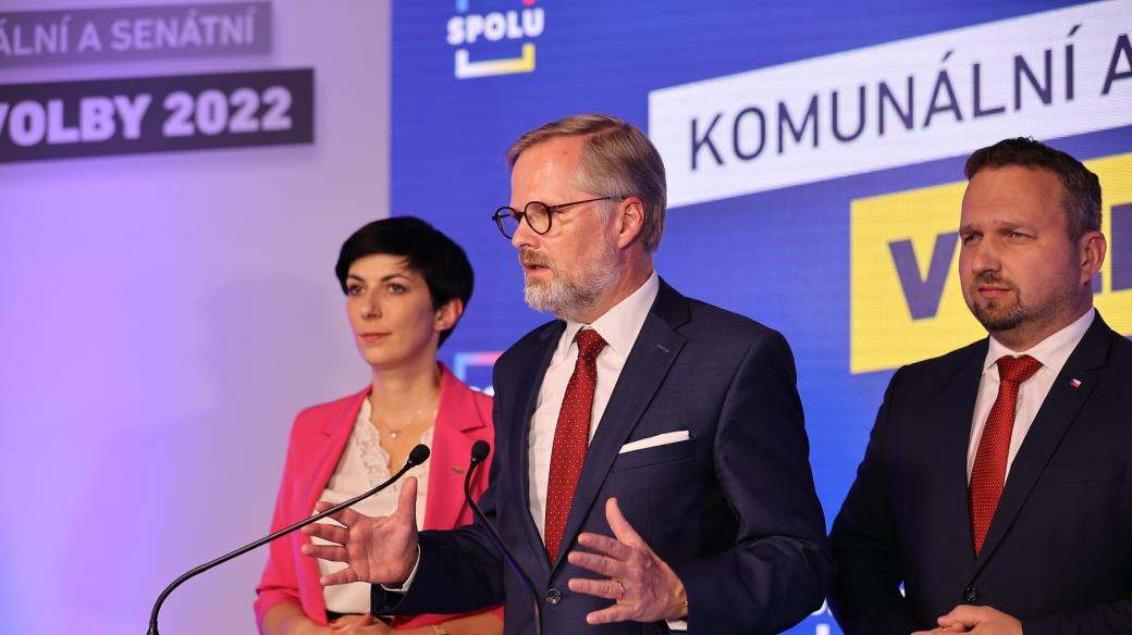 Zástupci koalice Spolu: Markéta Pekarová Adamová, Petr Fiala a Marián Jurečka