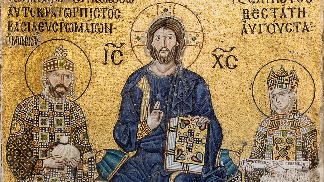 Slavná mozaika s císařovnou Zoe, Kristem Pantokratorem a císařem Konstantinem IX. v  chrámu Boží Moudrosti v Istanbulu