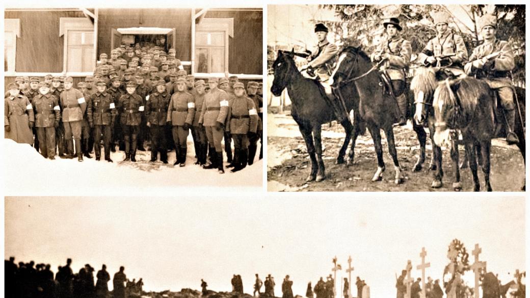 Finská občanská válka (vlevo nahoře jednotka „bílých“ stráží, vpravo nahoře „rudí“ důstojníci, dole tragický výsledek bitvy o Tampere)