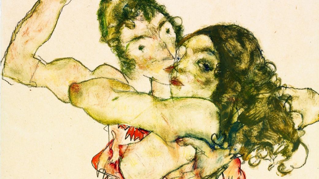 Egon Schiele: Dvě objímající se ženy, malba (1915)