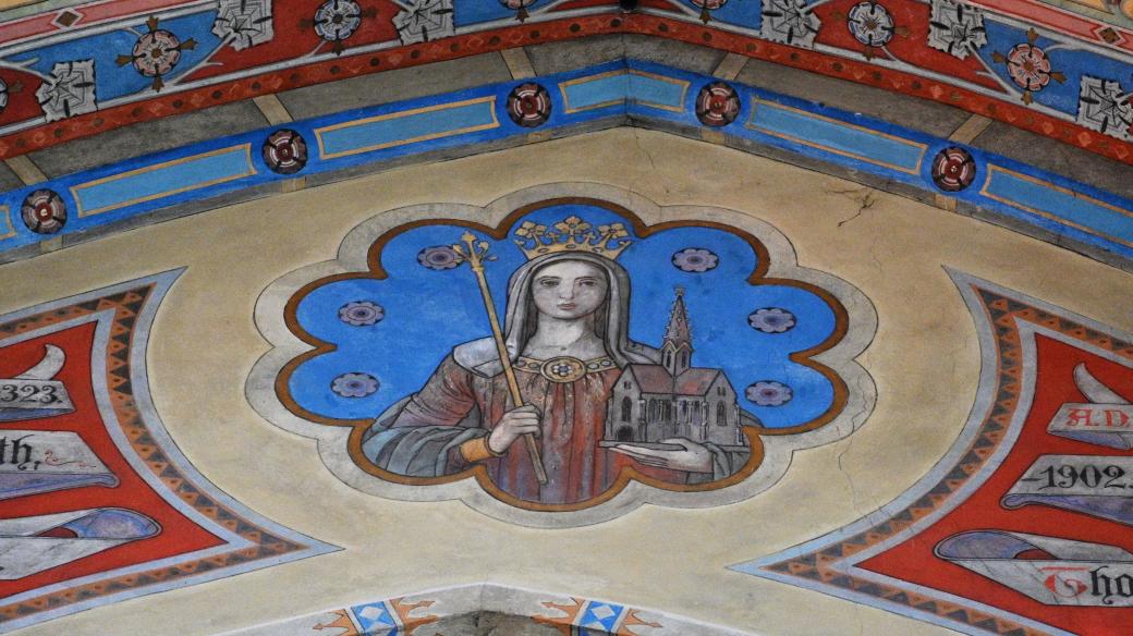 Vyobrazení Elišky Rejčky na jednom z oblouků klenby baziliky Nanebevzetí Panny Marie v Brně