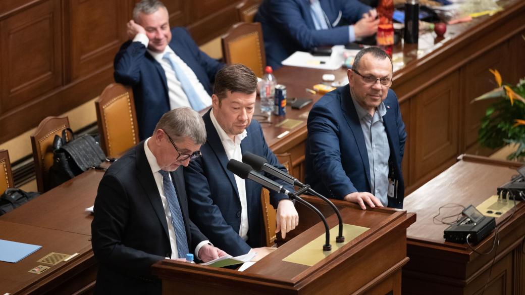 Andrej Babiš, Tomio Okamura a Jaroslav Foldyna v Poslanecké sněmovně