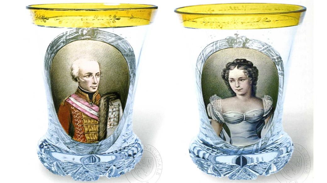 Skleněné číšky s Františkem I. a Karolínou Augustou, rozenou princeznou Bavorskou, pravděpodobně z dílny Bedřicha Egermanna