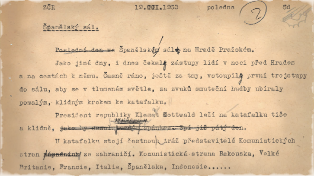 Část scénáře poledních zpráv Československého rozhlasu z 19. března 1953