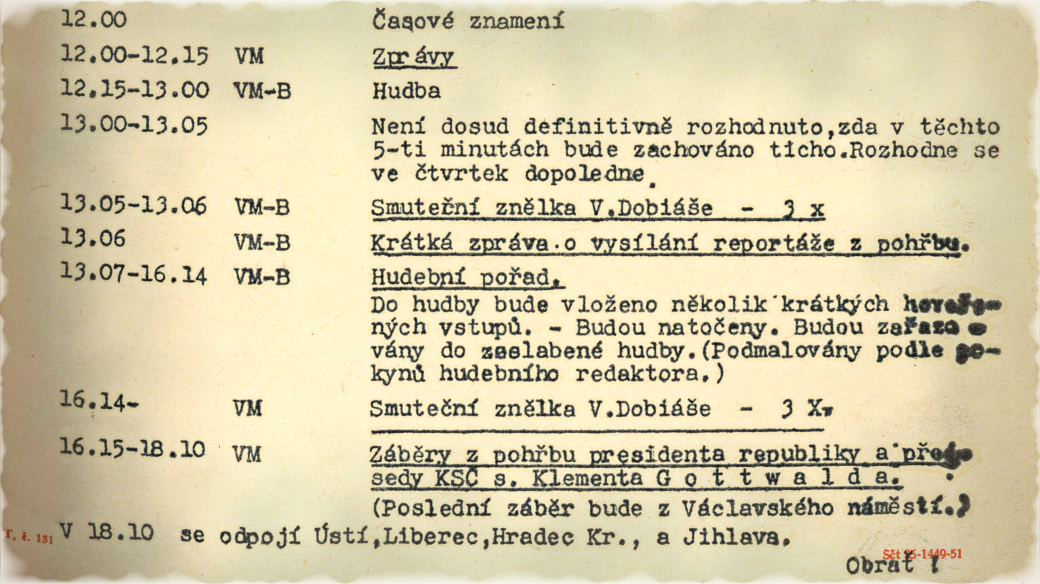 Část plánu vysílání Československého rozhlasu z 19. března 1953