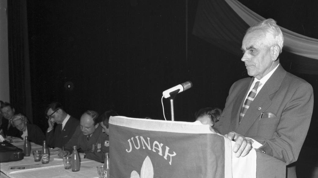 Rudolf Plajner, bývalý náčelník organizace Junák, při projevu v březnu 1968