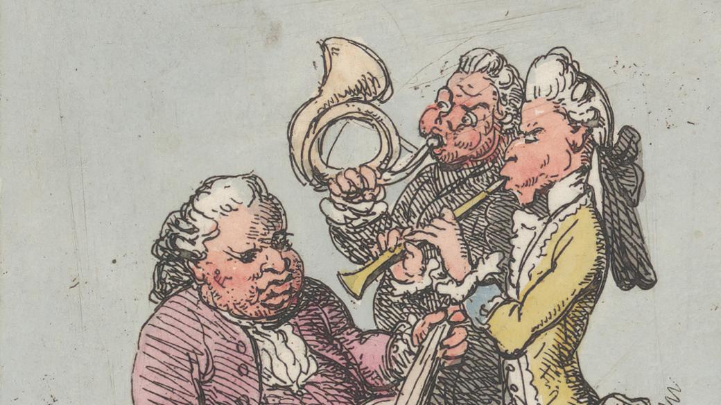 Ručně malovaný lept. Dobová grafika hudební kapely z 18. století. Na lesní roh hraje Giovanni Punto aneb Jan Václav Stich