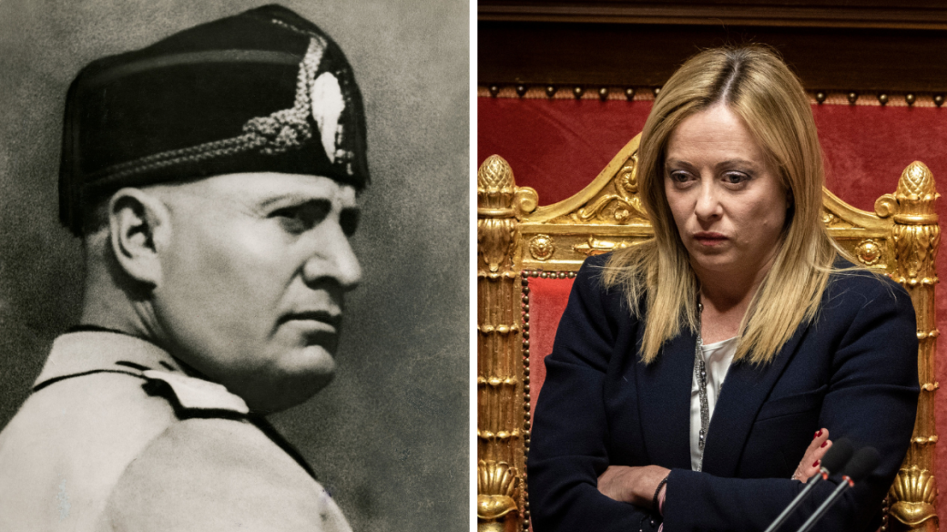 Vůdce italského fašismu Benito Mussolini a současná italská premiérka Giorgia Meloniová