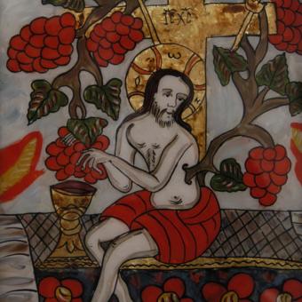 Mirea Lehau: Ježíš s vinnou révou. Rumunská ikona na skle (z výstavy v Rumunském kulturním institutu v Praze).. 