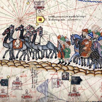 Karavana Marka Pola přejíždí Indii po Hedvábné stezce. Vyobrazení v Katalánském atlasu z roku 1375