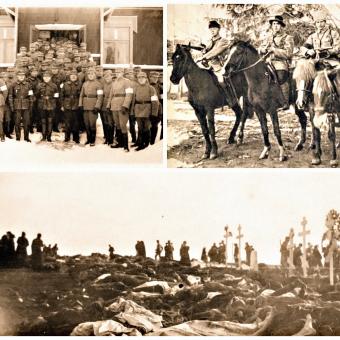Finská občanská válka (vlevo nahoře jednotka „bílých“ stráží, vpravo nahoře „rudí“ důstojníci, dole tragický výsledek bitvy o Tampere)