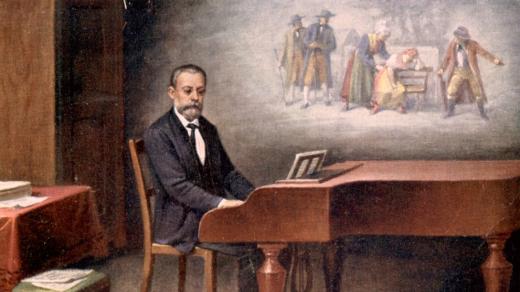 Smetanovy poslední akordy, barvotisk podle olejomalby, pohlednice