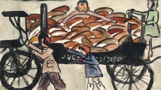 Helga Hošková-Weissová: Chléb na pohřebním voze, Terezín, 27. 12. 1942, akvarel, 165 × 197, PD: 27. XII. 42