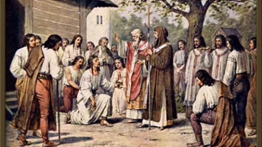 Solunští bratří Konstantin a Methoděj roku 863 přišli na Velehrad („Historie českého národa v obrazech“)