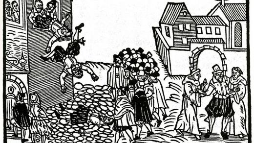 Pražská defenestrace v roce 1618, holanský soudobý leták.