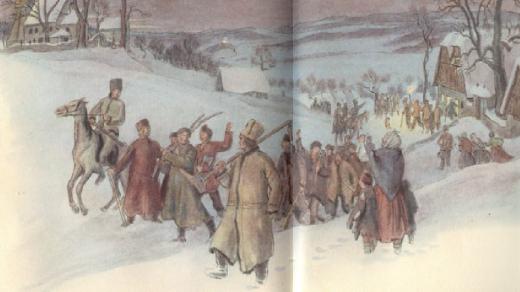 Pohled na kostel a na rtyňskou rychtu - ilustrace Václava Fialy z knihy Aloise Jiráska Skaláci