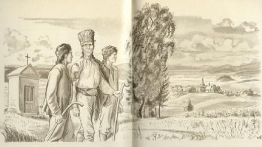 Pohled na Rtyni od „rychetské“ kapličky - ilustrace Václava Fialy z knihy Aloise Jiráska Skaláci